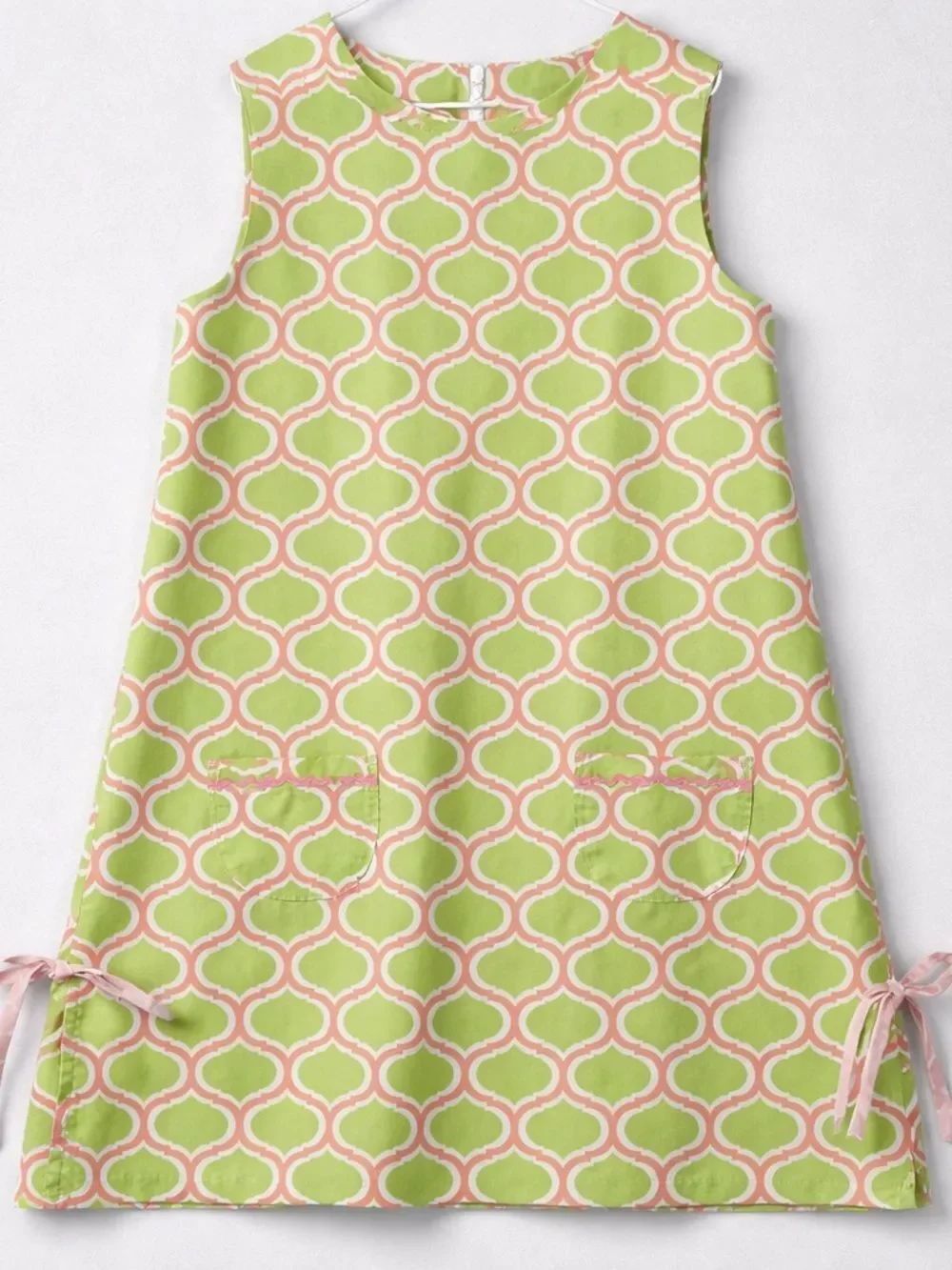 Shrimp and Grits green and pink geometric print side tie shift dress pockets